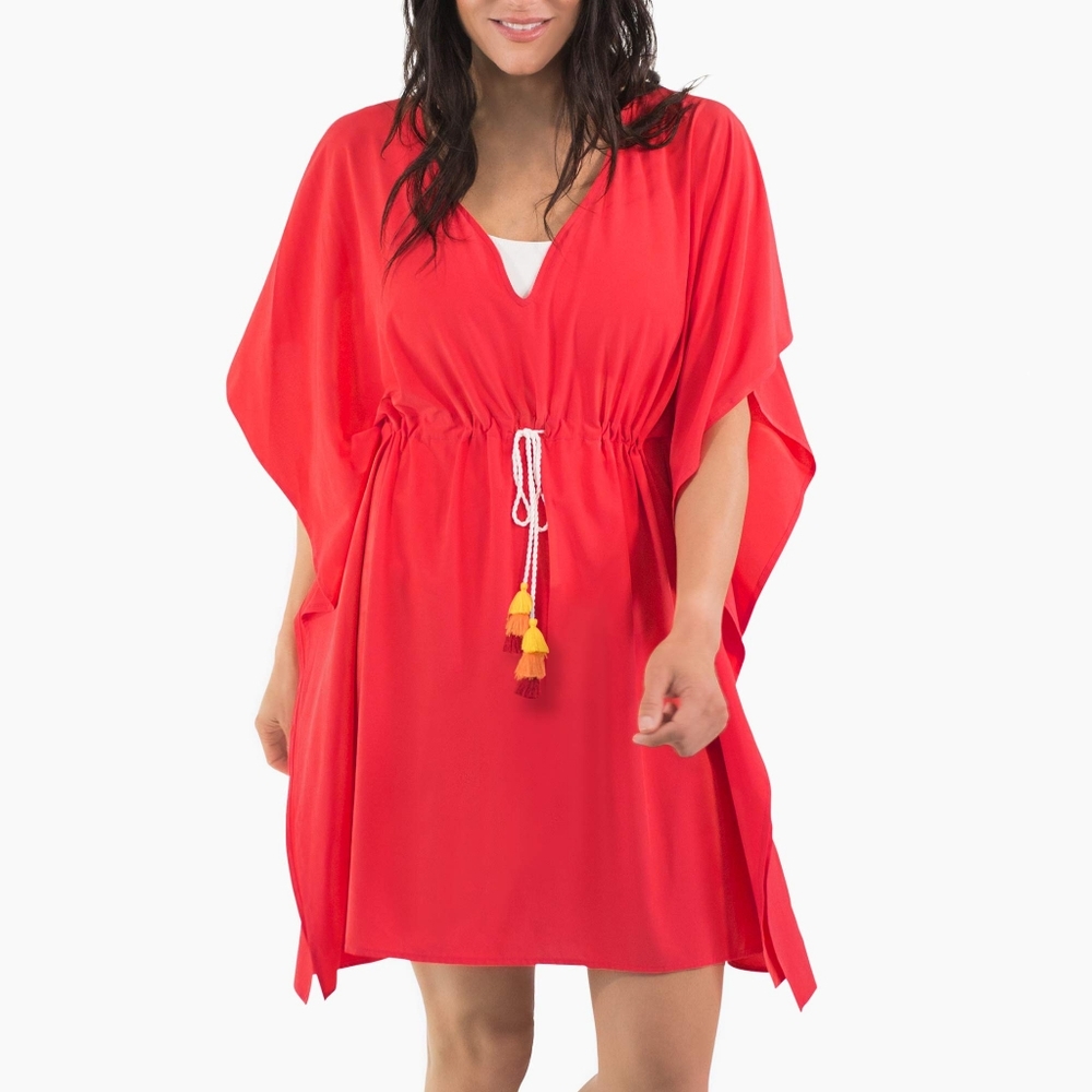 Vibrant Red Swim Coverup with Tassel Accents‎